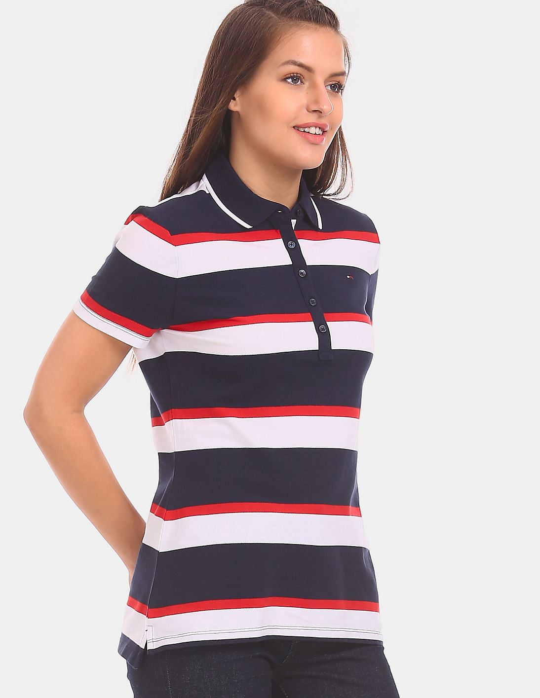 Buy Tommy Hilfiger Women Women Blue Heritage Snap 3 Colour Striped Polo ...