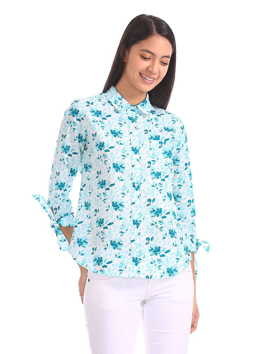 Buy U.S. Polo Assn. Women Tie Up Sleeve Floral Print Shirt - NNNOW.com