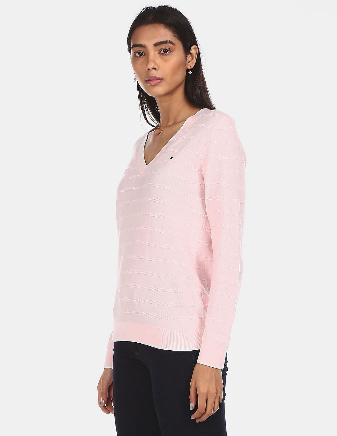 Buy Tommy Hilfiger Women Light Pink V Neck Textured Stripe Sweater NNNOW