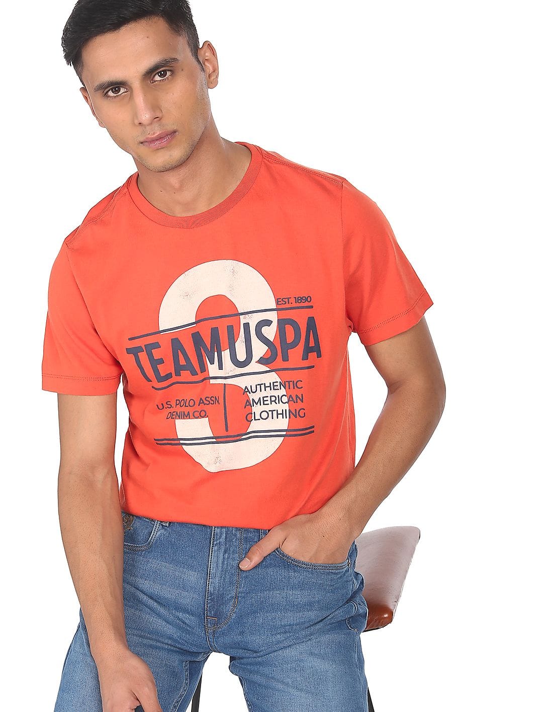 Men Orange Crew Neck Graphic Print 
