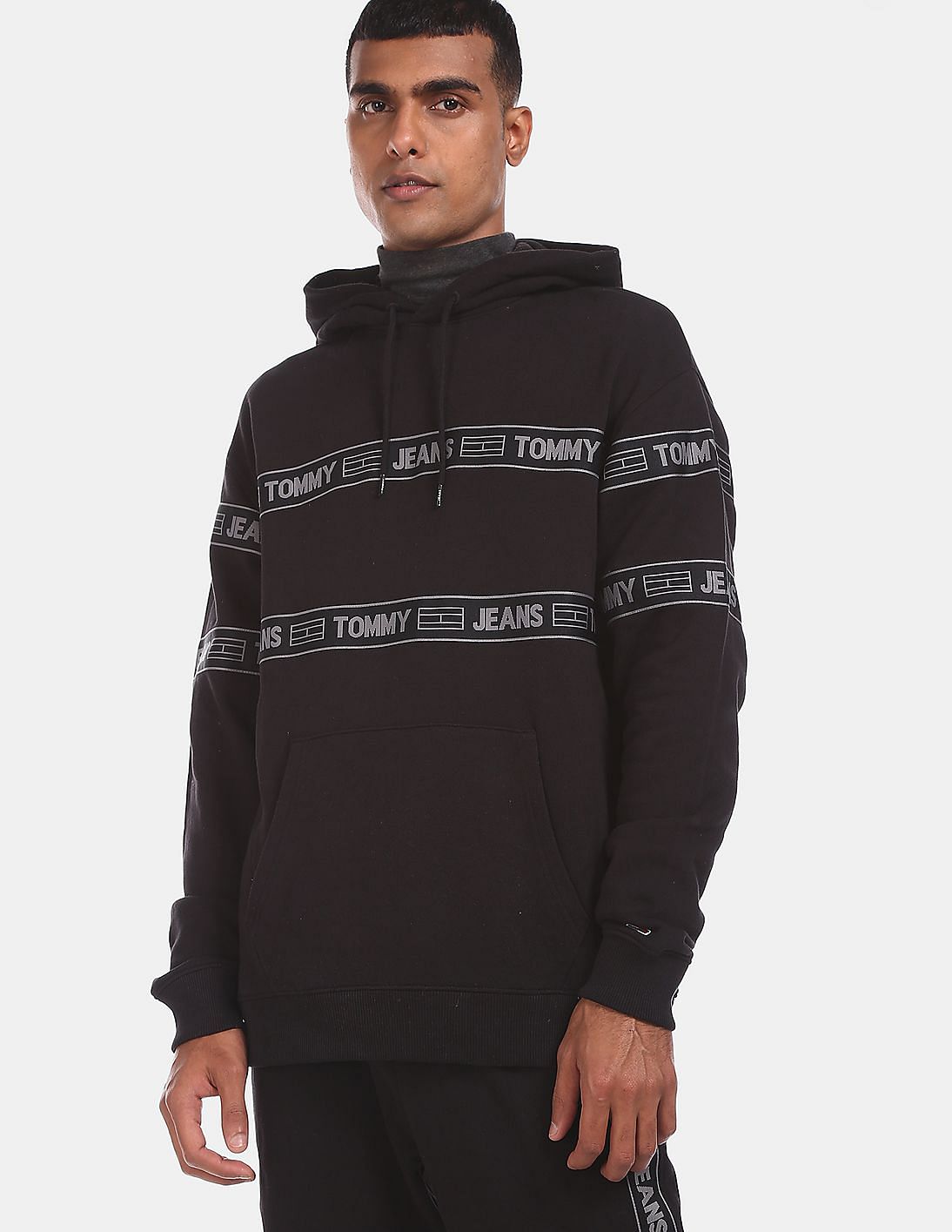 Buy Tommy Hilfiger Men Black Tonal Tape Drawstring Hood Sweatshirt ...