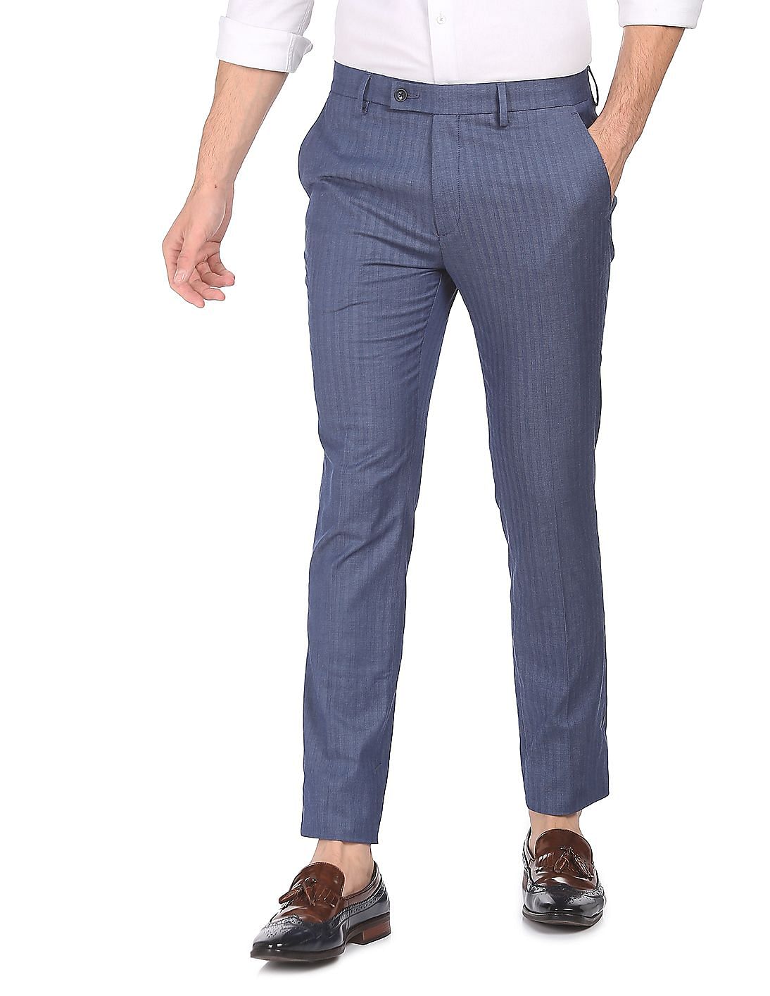Blue Slim Flit Button Closure Plain Dyed Pattern MenS Cotton Formal Pants  at Best Price in Valsad  Jay Dharamraj Creation