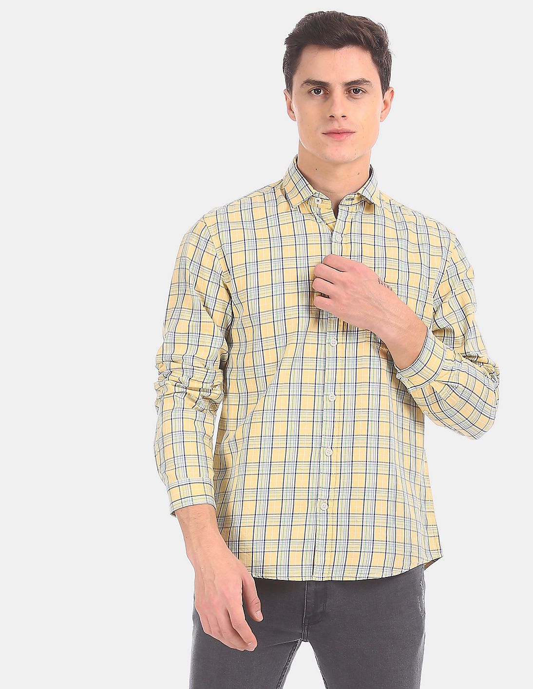 Buy Ruggers Men Light Yellow Cutaway Collar Cotton Casual Shirt - NNNOW.com