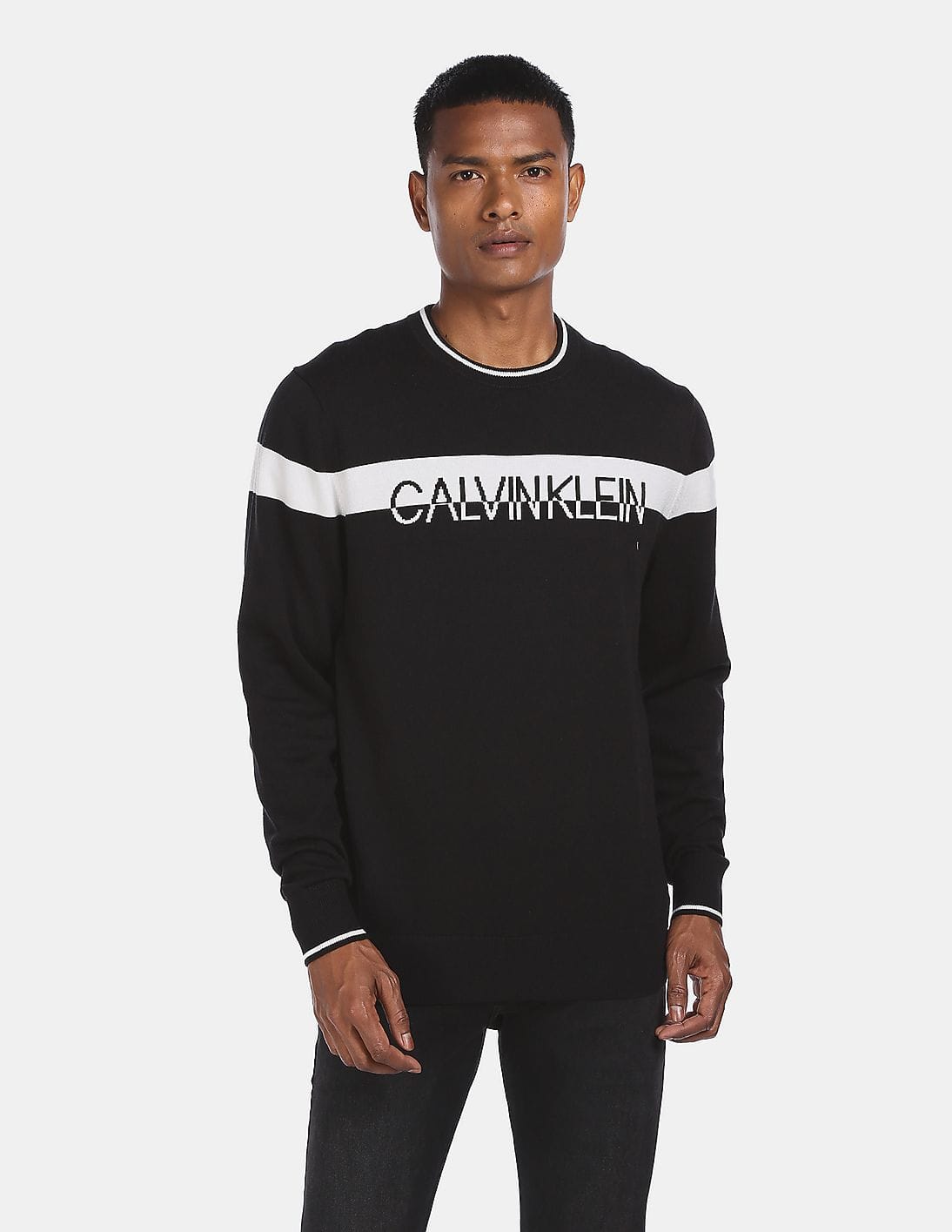 Buy Calvin Klein Men Black Crew Neck Split Logo Sweater - NNNOW.com
