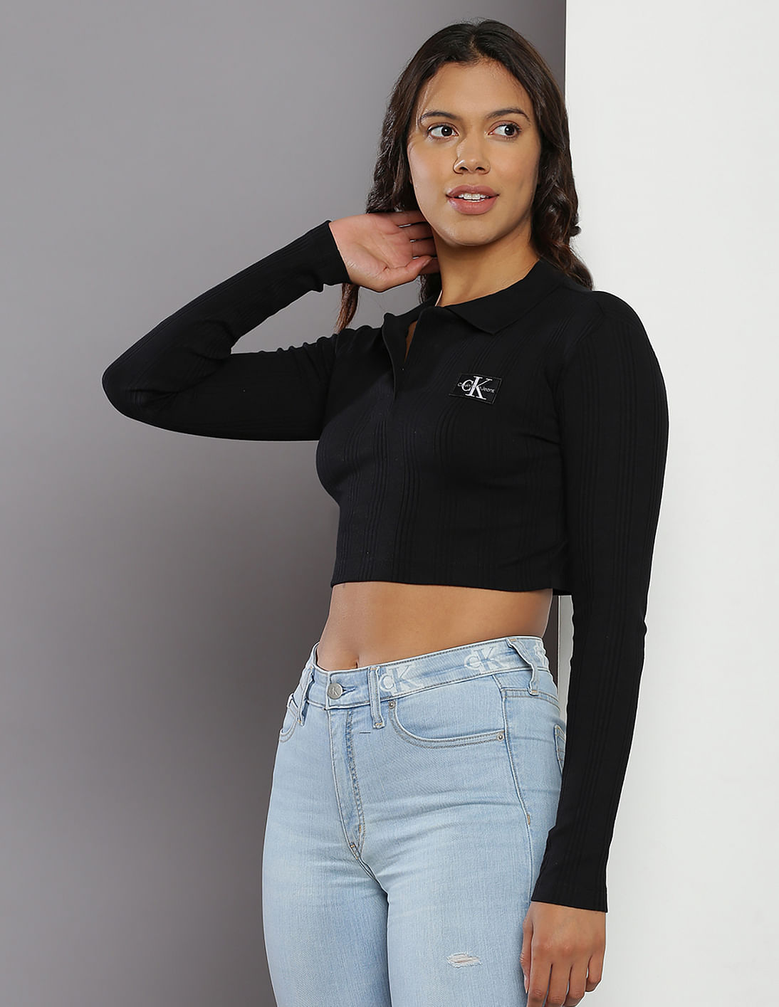 [ JEANS] Crop Badge Polo Shirt ★人気★ Buy Calvin Klein Logo Badge Long Sleeve Polo Shirt - NNNOW.com