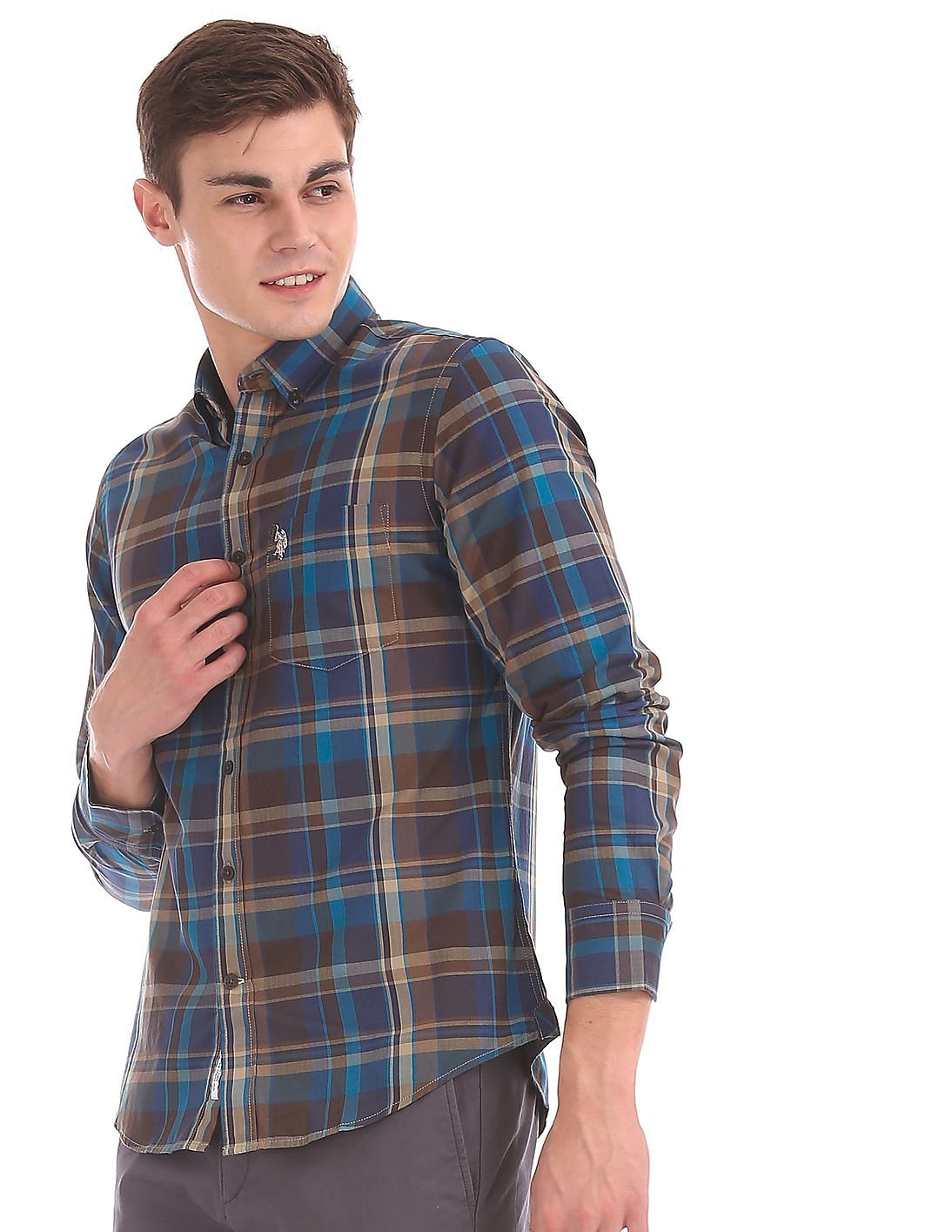 Buy Men Blue And Brown Button Down Collar Check Shirt online at NNNOW.com