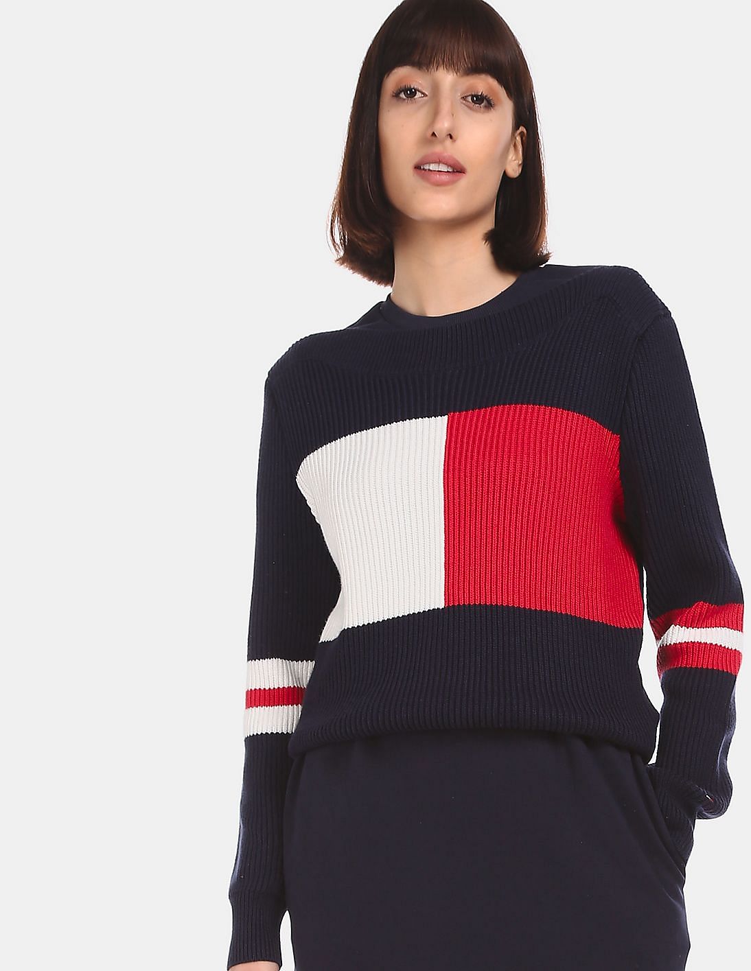 Buy Tommy Hilfiger Women Navy Ribbed Boat Neck Felix Flag Colour Block ...