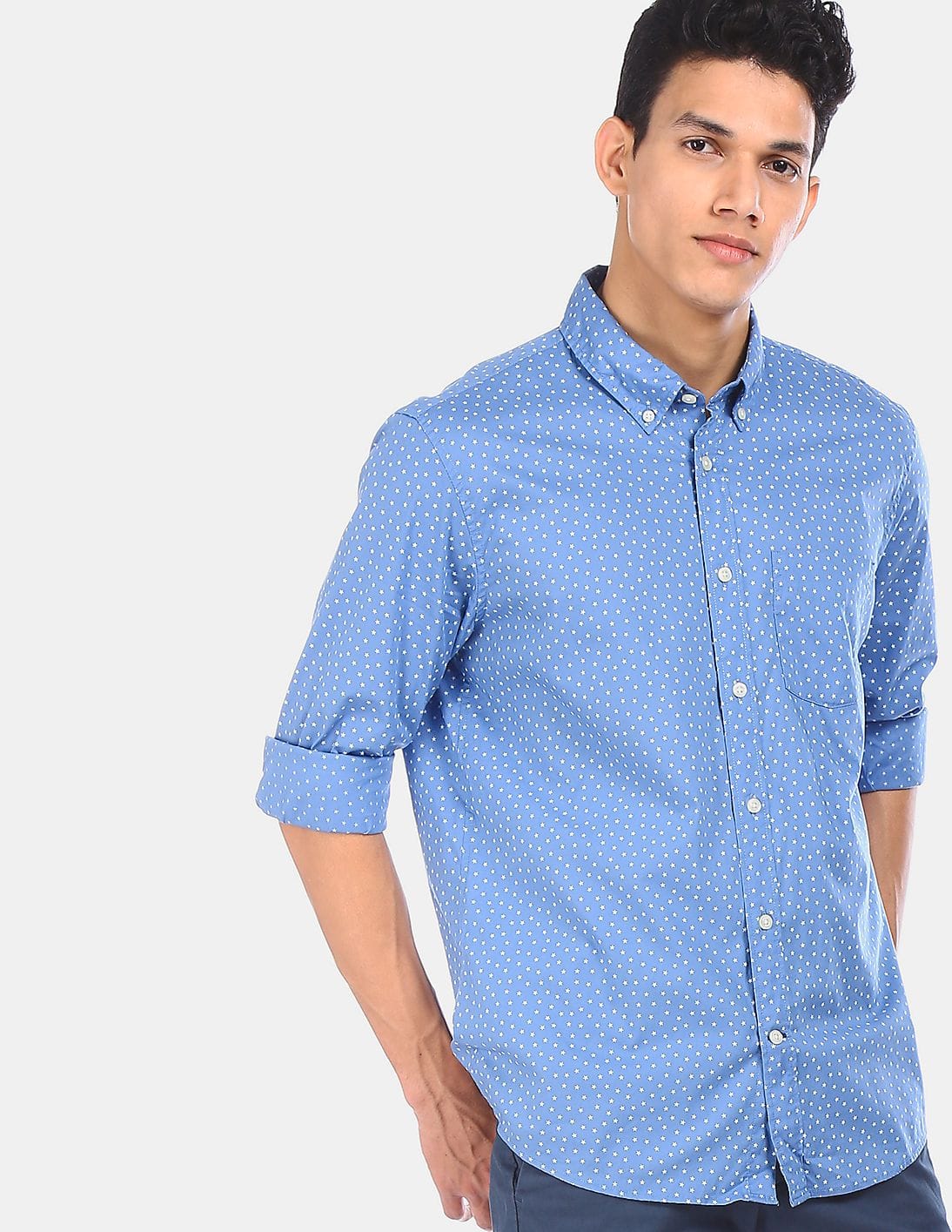 light blue collared button down shirt