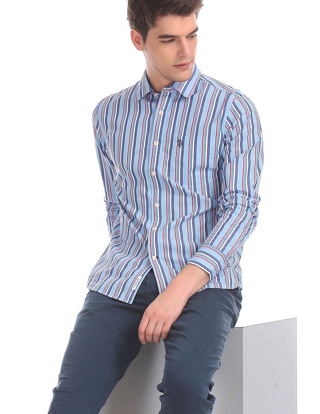 Buy Men Blue Regular Fit Stripe Shirt online at NNNOW.com