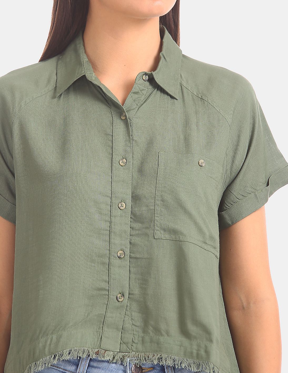 Buy Aeropostale Women Green Raw Hem Short Sleeve Shirt - NNNOW.com