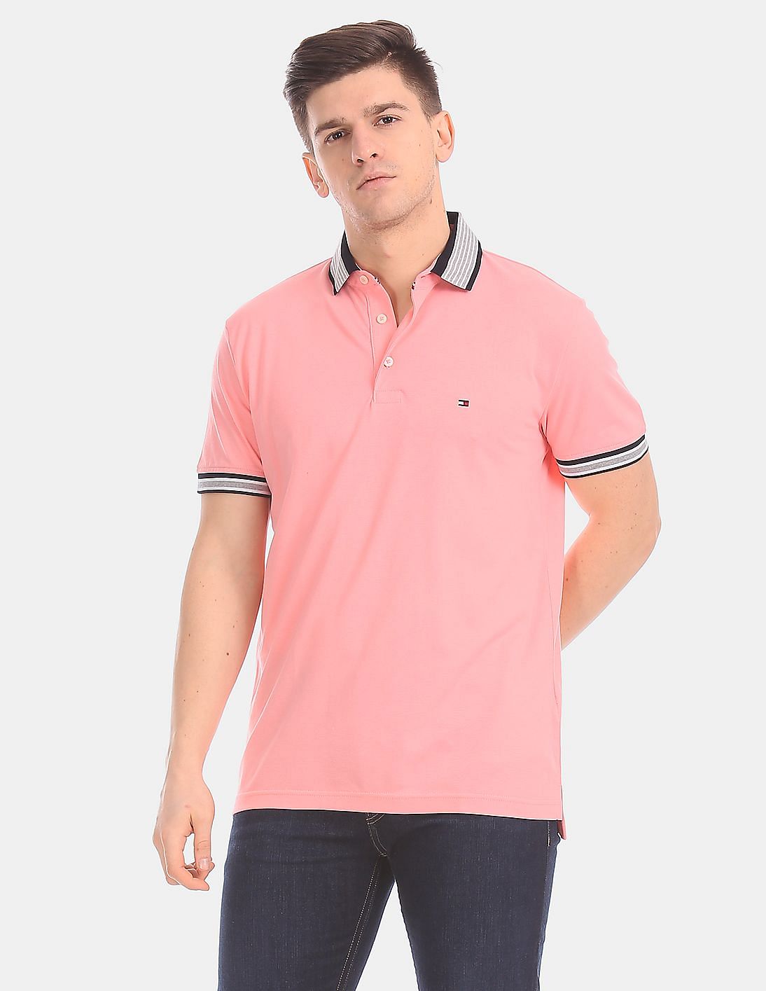 Buy Tommy Hilfiger Men Men Pink Slim Fit Contrast Tip Solid Polo Shirt ...