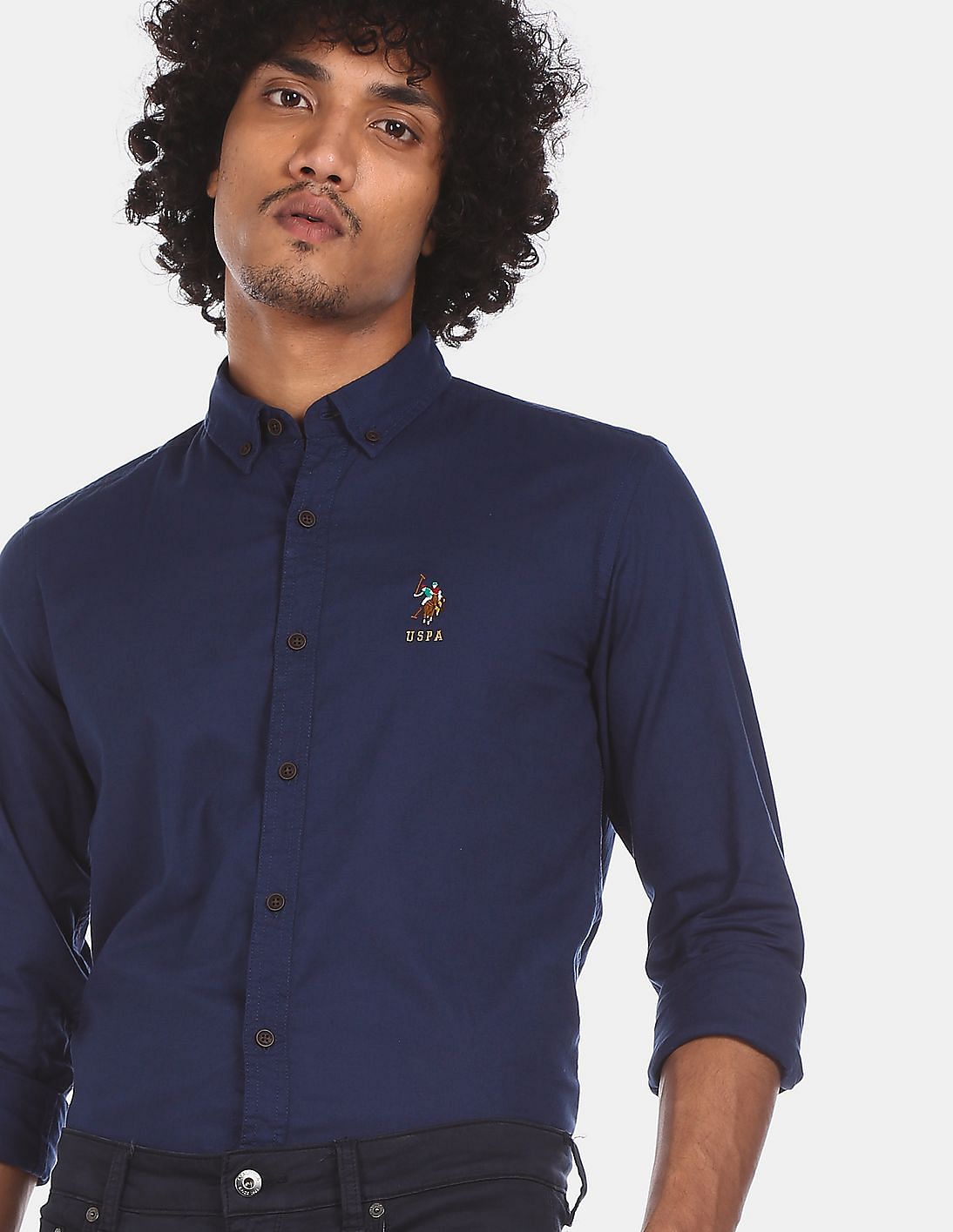 Buy . Polo Assn. Men Navy Button-Down Collar Cotton Solid Casual Shirt -  