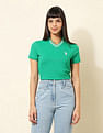 U.S. Polo Assn. Women Tipped V-Neck Solid Polo Shirt
