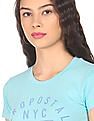 Aeropostale Women Aqua Cotton Brand Print T-Shirt